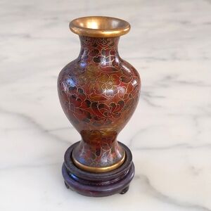 VintageJINGFA Collectible Multicolor Floral Chinese Cloisonne Small Vase w/Stand